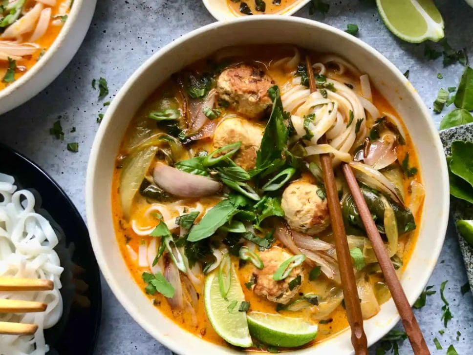 Thai Coconut Curry Noodle Soup with Chicken Meatballs