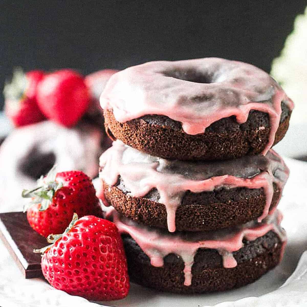 Vegan Chocolate Donuts with Fresh Strawberry Glaze