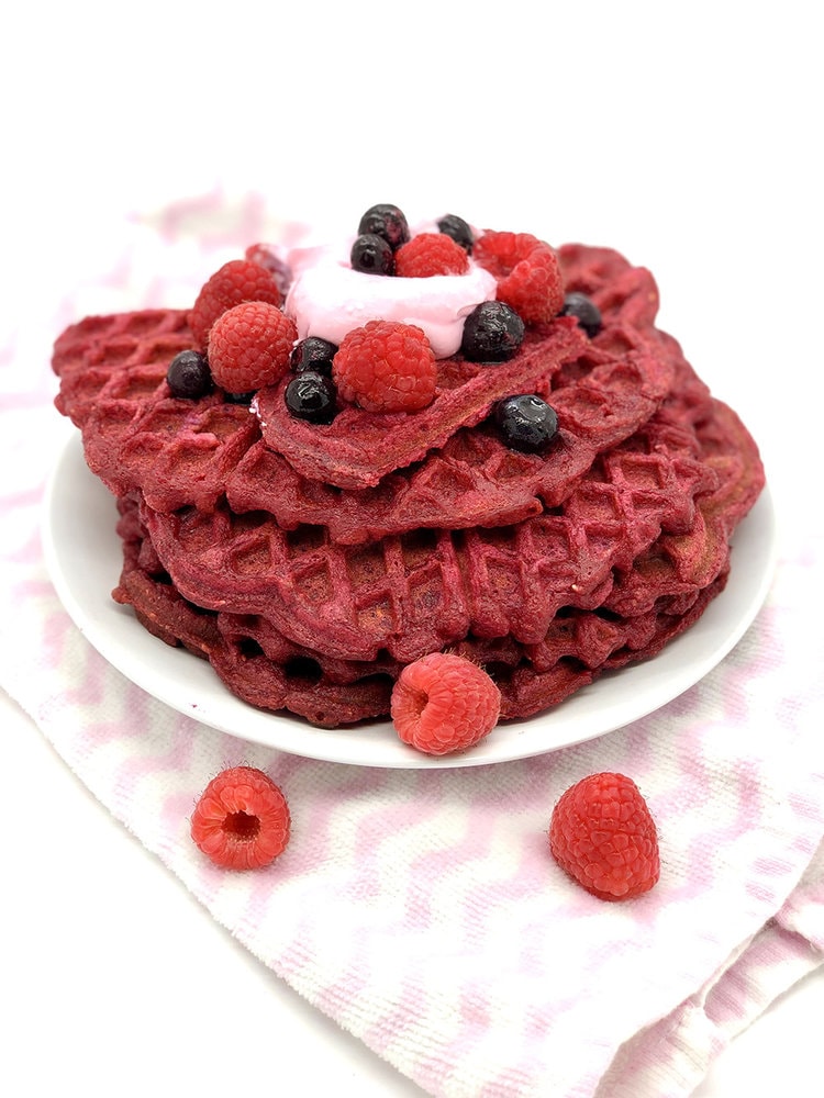 Beet and Raspberry Waffles with Coconut Cream Topping