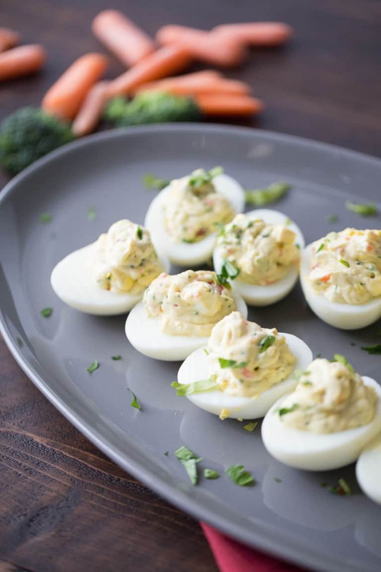 Simple Deviled Eggs with Garden Vegetables